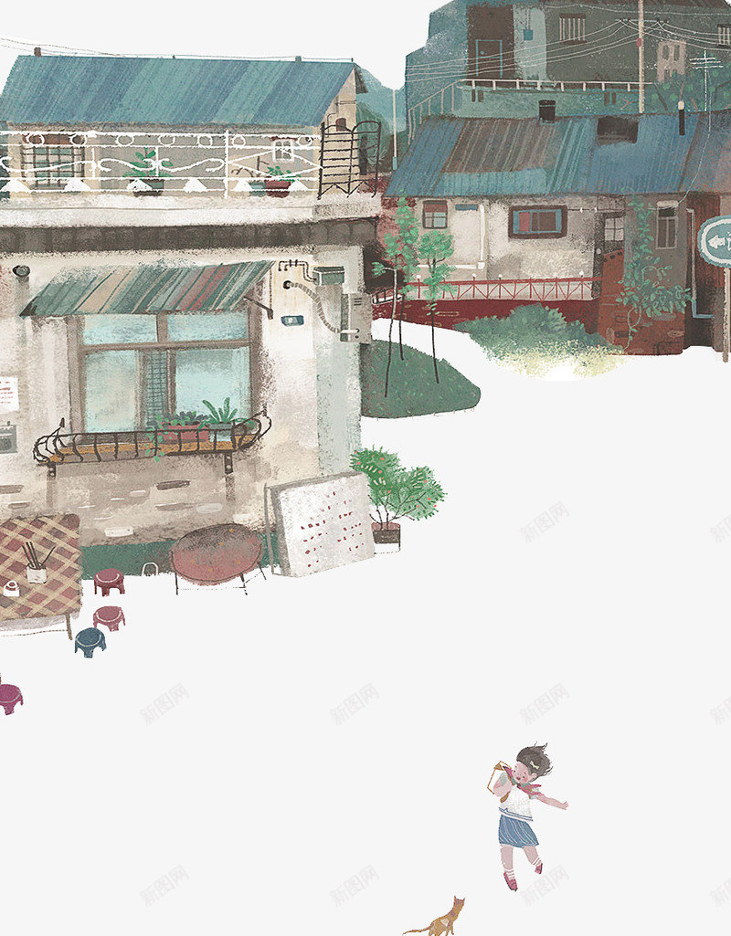 街道创意插画png免抠素材_新图网 https://ixintu.com 小女孩 手绘 插画 楼房