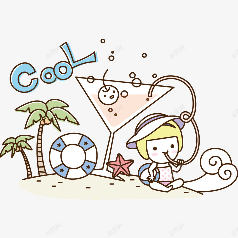 喝果汁的小孩png免抠素材_新图网 https://ixintu.com 下海 果汁 沙滩 海星 游泳圈