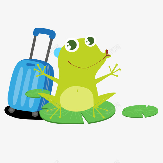 绿色卡通青蛙旅行卡通插画psd免抠素材_新图网 https://ixintu.com 光泽 可爱 旅行箱子 植物 浮萍 绿色 自然 蓝色