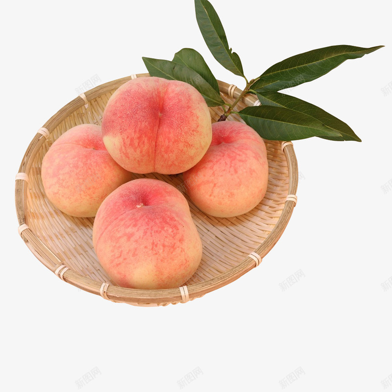 新鲜水蜜桃png免抠素材_新图网 https://ixintu.com 新鲜 桃子 水果 水蜜桃 箩筐 绿叶