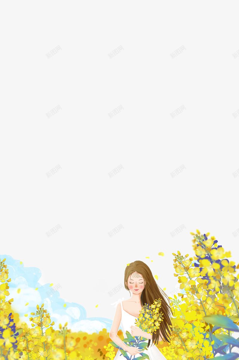 手绘油菜花元素psd免抠素材_新图网 https://ixintu.com 手绘 人物 捧花 油菜花 赏花 郊游
