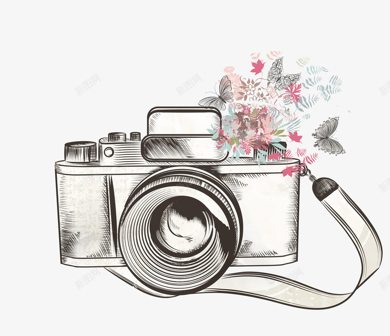 手绘素描相机花朵png免抠素材_新图网 https://ixintu.com 相机 素描 花朵