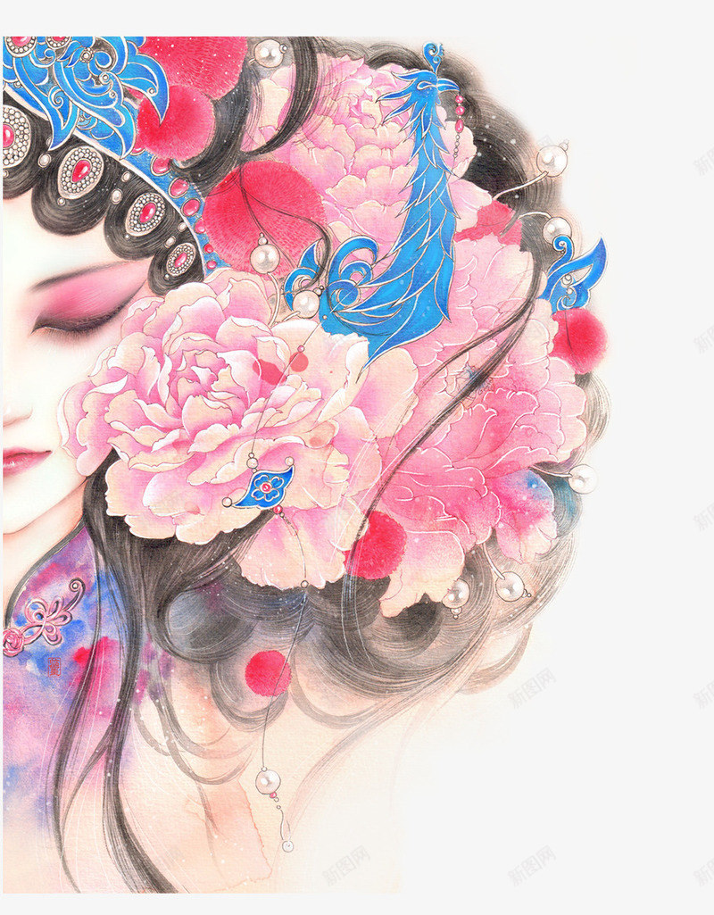 唯美手绘戏曲花旦png免抠素材_新图网 https://ixintu.com 唯美花旦 戏曲花旦 手绘花旦 花旦半边脸 花旦头饰
