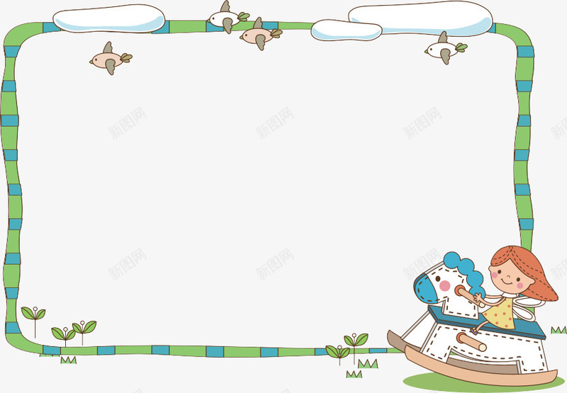 卡通木马边框png免抠素材_新图网 https://ixintu.com 动漫边框 手绘 画框 相框 绿色