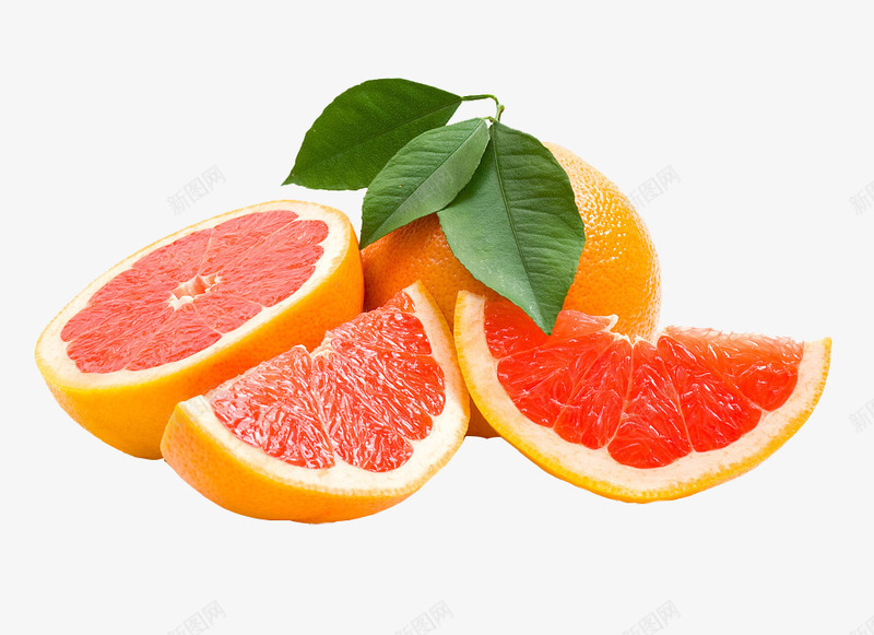 带叶子的西柚png免抠素材_新图网 https://ixintu.com 切面 叶子 新鲜水果 柚子 柚子叶子 红心西柚