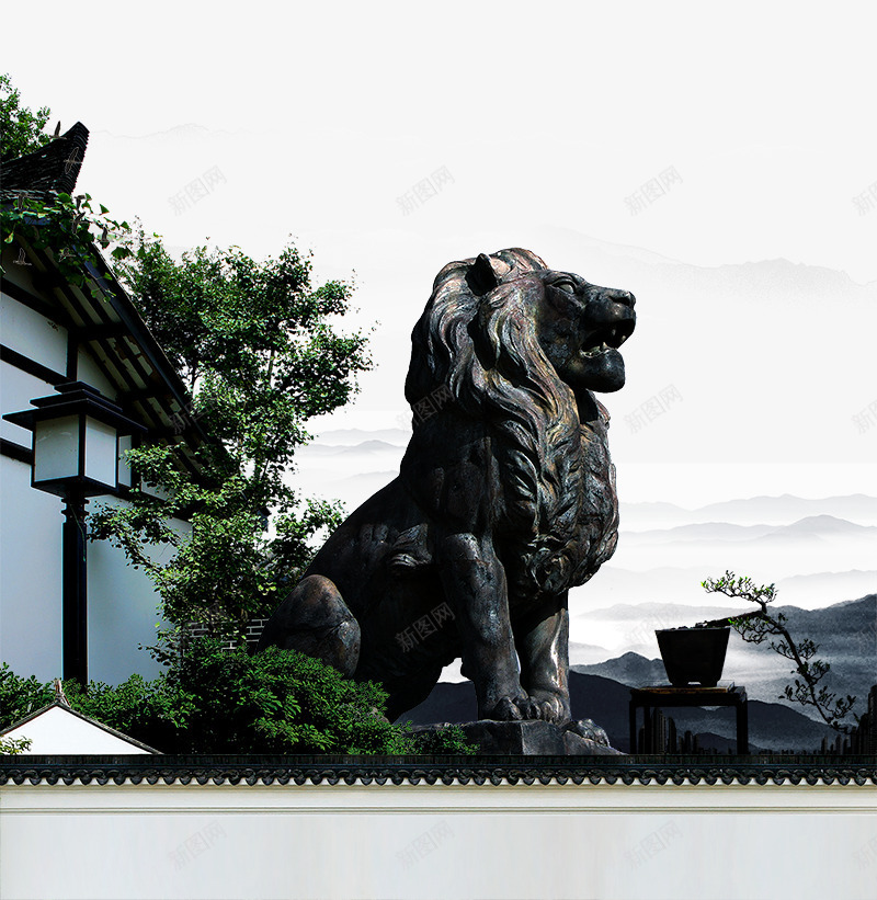 房地产海报元素石狮子png免抠素材_新图网 https://ixintu.com 传统 古典 大山 屋檐 房地产海报元素石狮子 水墨房子 绿树