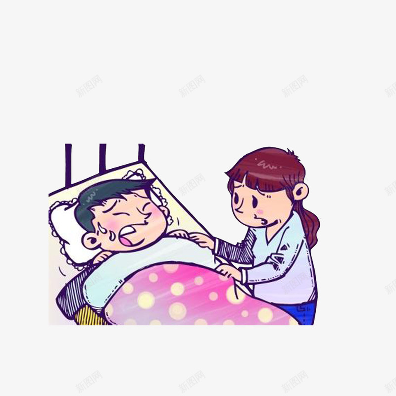 卡通站在床边看着发烧难受的丈夫png免抠素材_新图网 https://ixintu.com 儿童感冒 冒汗的男子 卡通站在床边看着发烧难受的丈夫的妻子素材免费下载 发烧难受 感冒发烧 担忧的妻子