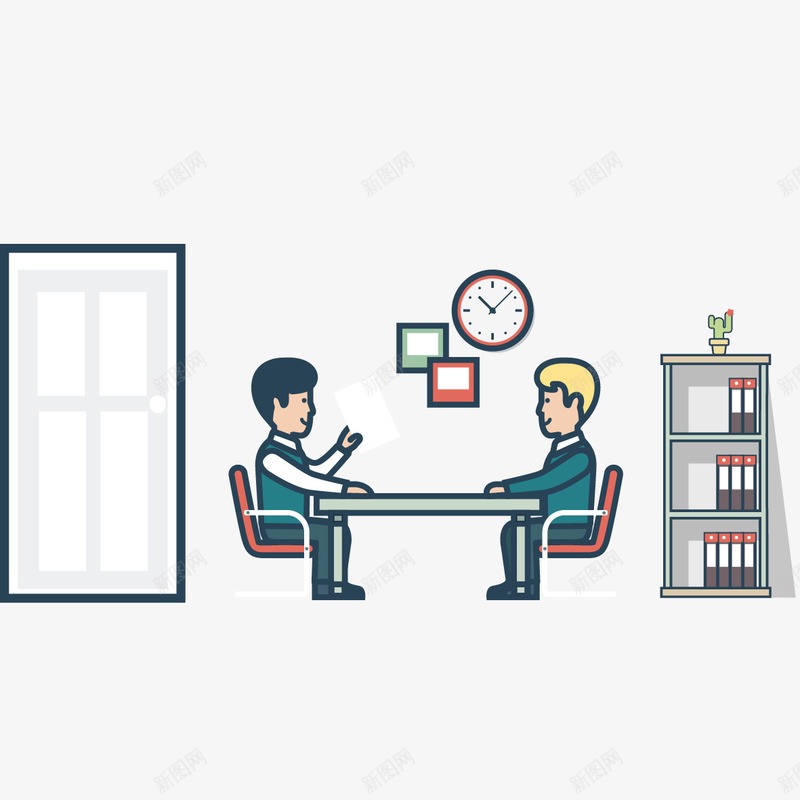 扁平化场景人物矢量图eps免抠素材_新图网 https://ixintu.com 书架钟表 工作 扁平化场景 谈话的人 矢量图