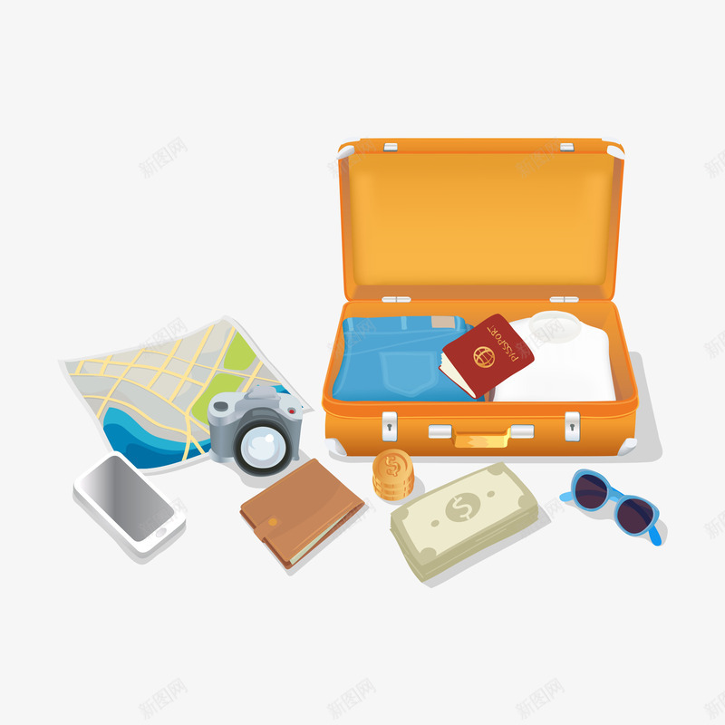 旅行用品插画png免抠素材_新图网 https://ixintu.com 地图 打开的行李箱 打开行李箱 照相机 行李箱