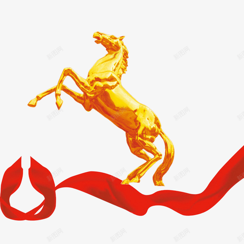 金马奔腾png免抠素材_新图网 https://ixintu.com 红丝带 红彩带 金色马像 金马 金马奔腾 雕塑 马 马到成功 骏马 黄金马
