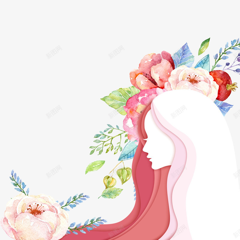 侧脸女神立体剪裁海报psd免抠素材_新图网 https://ixintu.com 人物侧脸 女王 女神节海报 小清新 海报设计 立体剪裁人物 花朵