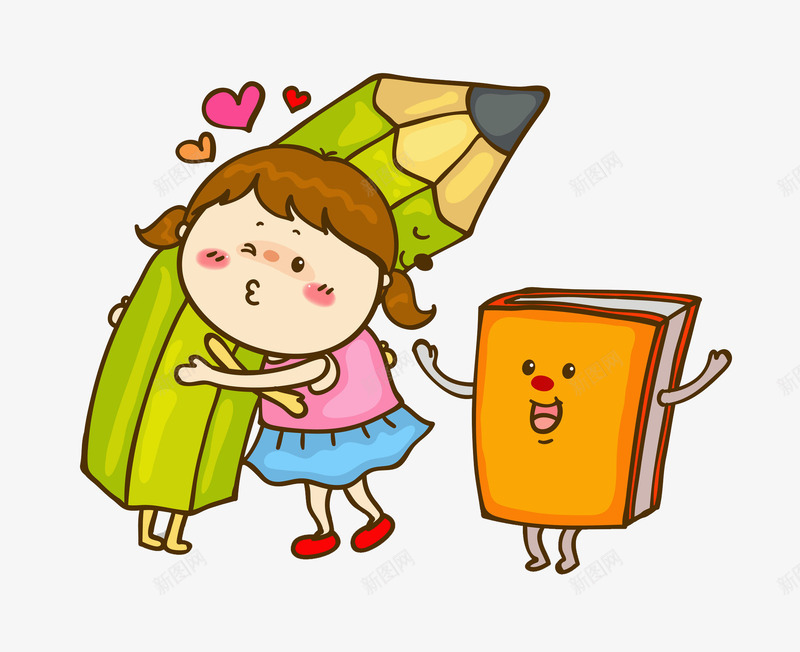 粉上衣女孩png免抠素材_新图网 https://ixintu.com 书本 卡通 可爱 嘟嘟嘴 女孩 手绘 爱心 蓝裙子 铅笔