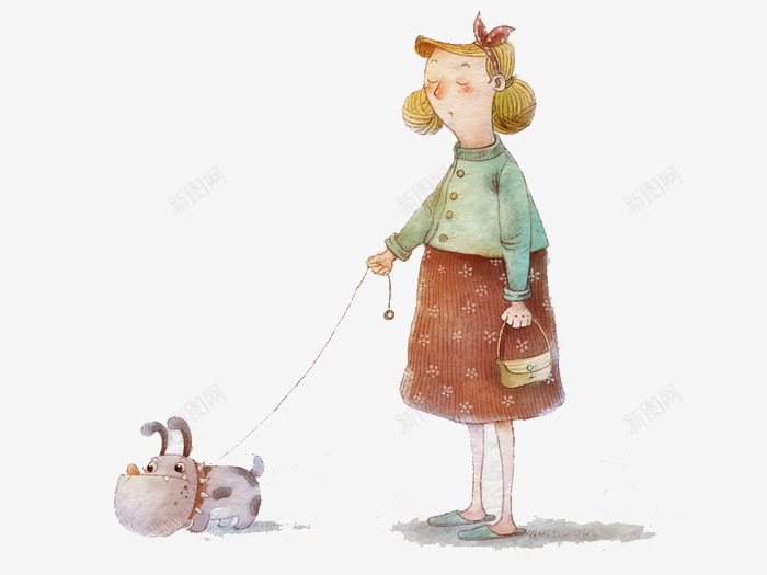 遛狗的女士png免抠素材_新图网 https://ixintu.com 儿童插画 公园遛狗 卡通 卡通人物 卡通动物 卡通素材 可爱 女士 故事插画 梦幻 森林系 童话 遛狗
