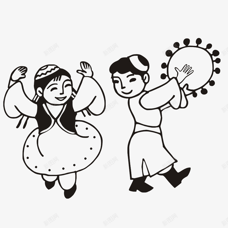 简笔手绘新疆歌舞png免抠素材_新图网 https://ixintu.com 中国新疆 卡通新疆人 新疆歌舞 简笔手绘 跳舞的男孩女孩 载歌载舞