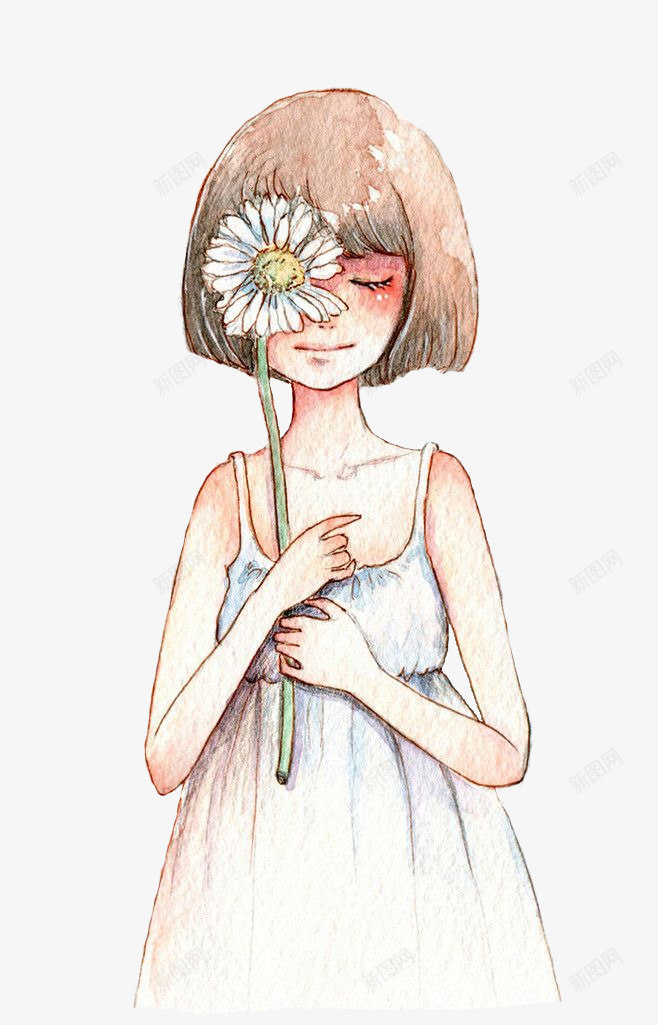 手绘短髮女孩png免抠素材_新图网 https://ixintu.com 女孩 手绘 拿花 短髮