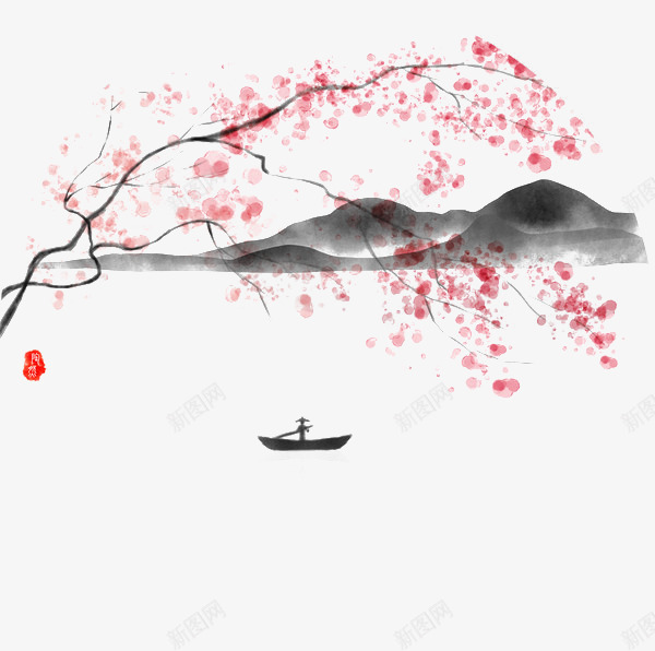 水墨桃花png免抠素材_新图网 https://ixintu.com 一叶轻舟 国画 国画桃花 小舟 意境 春天 桃花 水墨 红色 远山