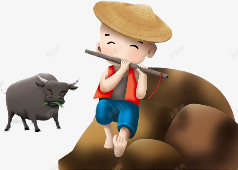 手绘清明放牛娃png免抠素材_新图网 https://ixintu.com 吹笛 手绘 清明 牧童