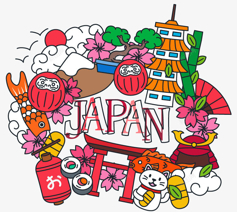 日式风格插画png免抠素材_新图网 https://ixintu.com 富士山 寿司 日本 日本传统图案鲤鱼 樱花 武士帽 神社 美丽的富士山 财猫 鲤鱼旗