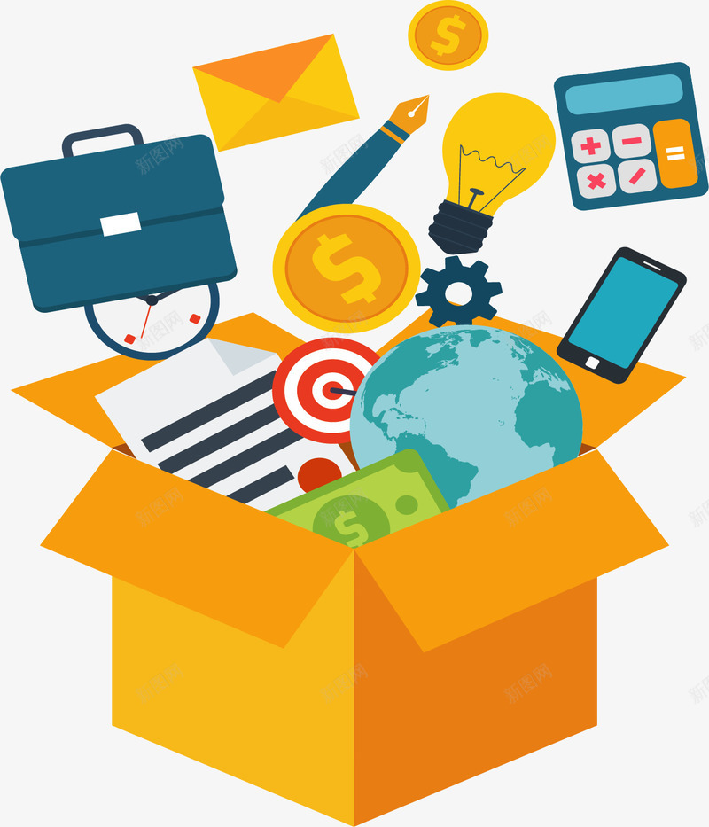 盒子里的商务办公用品矢量图ai免抠素材_新图网 https://ixintu.com 办公用品 商务 商务办公 打开的盒子 盒子 矢量png 矢量图