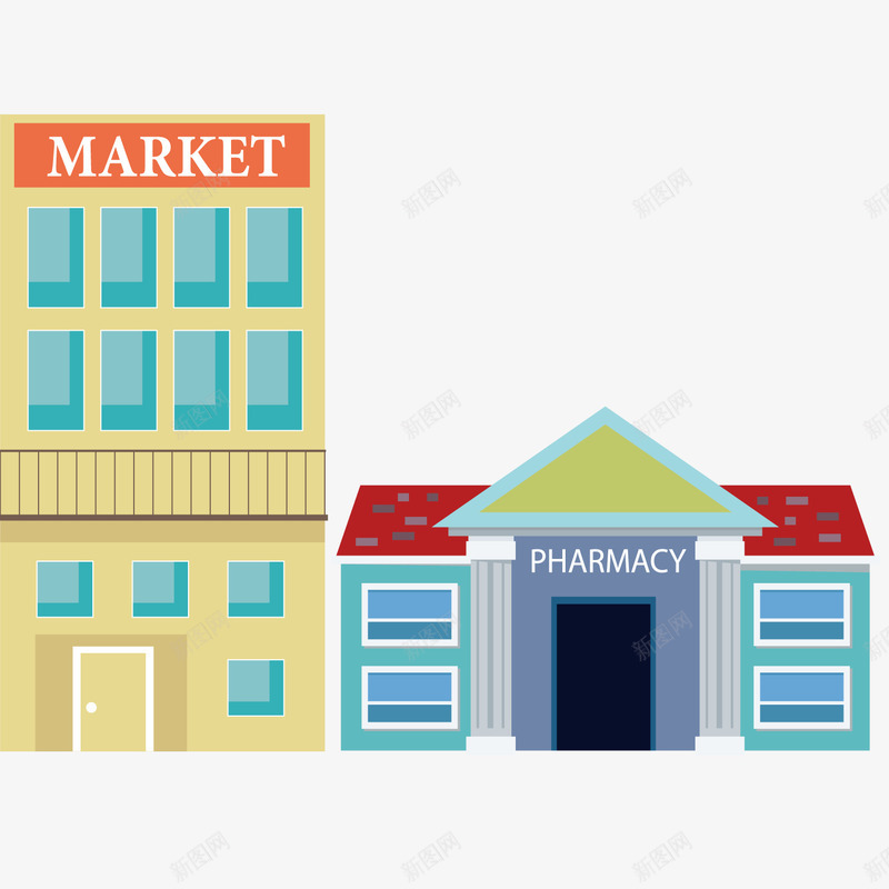 交易市场和药品商店建筑矢量图ai免抠素材_新图网 https://ixintu.com 交易市场 大门 建筑房屋 窗户 矢量图