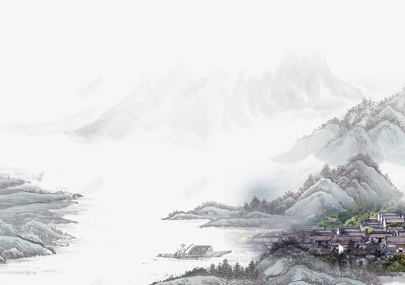 水墨古风江南山水画png免抠素材_新图网 https://ixintu.com 中国风 古画山水 古风山水画 平面 水墨画 江南风光 海报装饰