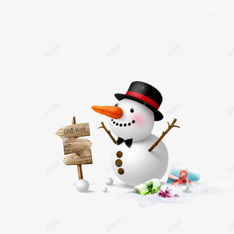 雪地守护人png免抠素材_新图网 https://ixintu.com 木头路标 树枝 萝卜鼻子 雪人 黑色帽子