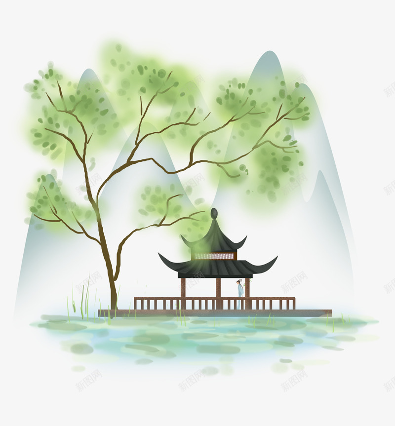 春天踏青树下亭子山水画png免抠素材_新图网 https://ixintu.com 亭子 初春焕彩 山水画 春天 春天远足 树叶 水 踏青