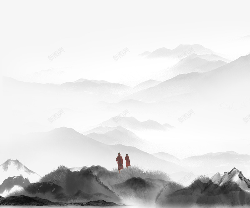 古风站在山上的僧侣psd免抠素材_新图网 https://ixintu.com 中国风 古画山水 山岭 平面装饰 徒行僧者 水墨画 海报宣传