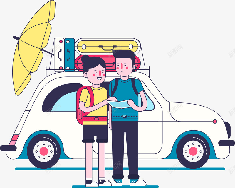 卡通自驾游人物插画矢量图ai免抠素材_新图网 https://ixintu.com 休闲 出行 卡通旅行人物 悠闲 打包小包 旅游季 自驾游 远行 矢量图