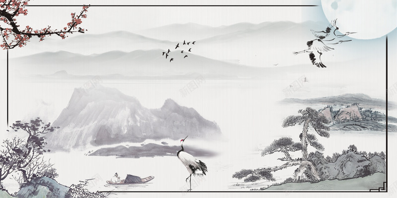 中国风水墨画白露海报背景psd设计背景_新图网 https://ixintu.com 中国风 丹顶鹤 国画 山峰 山水画 松树 柿子树 水墨画 白露
