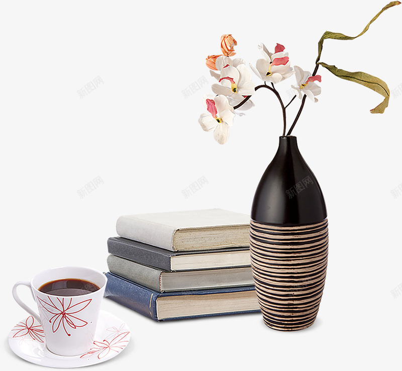 咖啡书本和花瓶摆件png免抠素材_新图网 https://ixintu.com 咖啡 家居用品 干花 摆件 美丽的 花瓶 装饰
