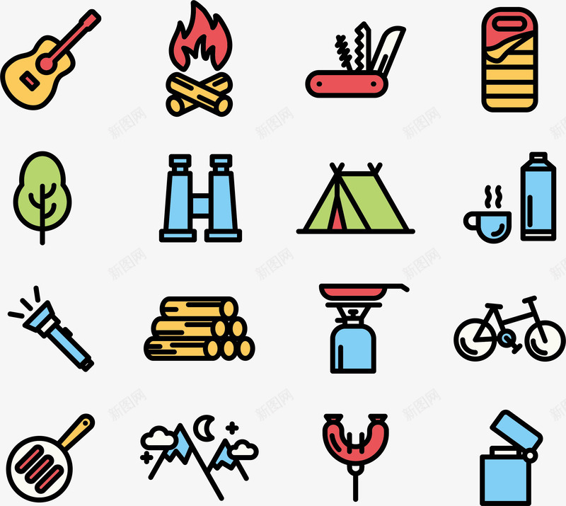 野营露营卡通图标png_新图网 https://ixintu.com 卡通图标 木柴 柴火堆 火焰 烧烤 热水瓶 瑞士军刀 生火 自行车 野营 露营