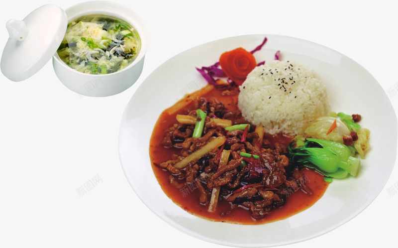 鱼香肉丝饭png免抠素材_新图网 https://ixintu.com 中餐 盖码饭 紫菜蛋汤 青菜 餐饮