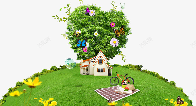 房屋草地心形树背景psd免抠素材_新图网 https://ixintu.com 别墅 树木 绿草 野花