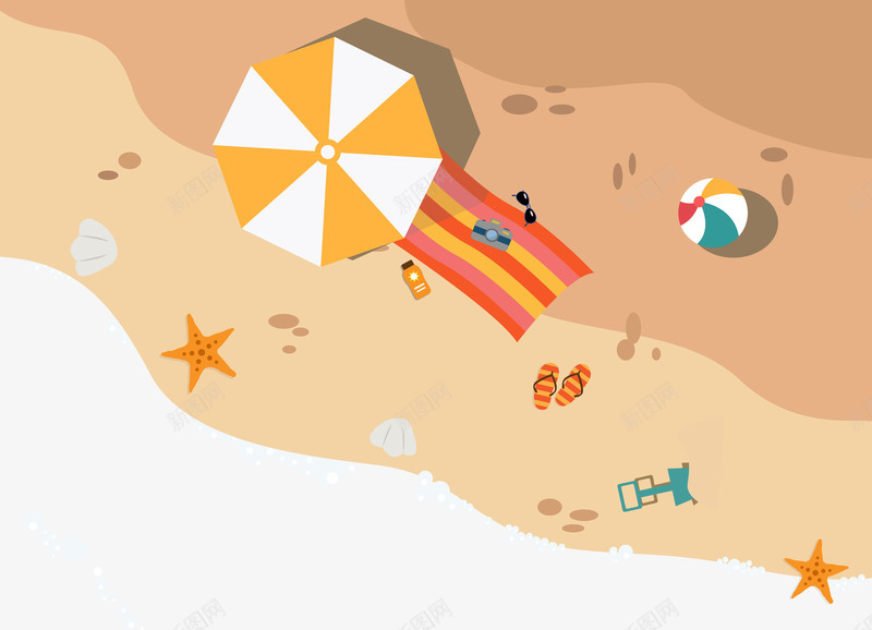 夏日海滩装饰插图png免抠素材_新图网 https://ixintu.com 夏日 太阳伞 拖鞋 沙滩 海星 海滩 装饰插图