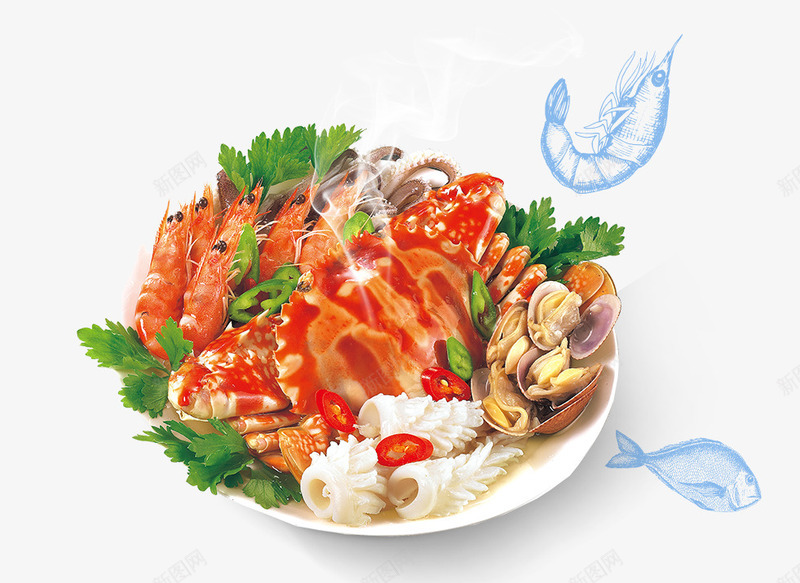 白色盘子里的海鲜美食psd免抠素材_新图网 https://ixintu.com 扇贝 海鲜 白色 盘子里的 绿叶装饰 美食 螃蟹 龙虾
