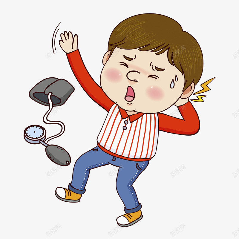 量血压的男孩png免抠素材_新图网 https://ixintu.com 卡通 头晕的 头疼 头脑混乱 小男孩 烧脑 红色的 血压计