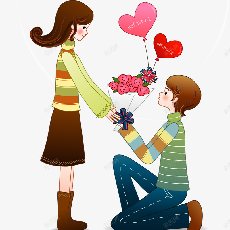 卡通求婚温馨图psd免抠素材_新图网 https://ixintu.com 214 七夕 元素 情人节素材 情侣 点缀 白色 情人节 爱心气球 玫瑰花 求爱 温馨图
