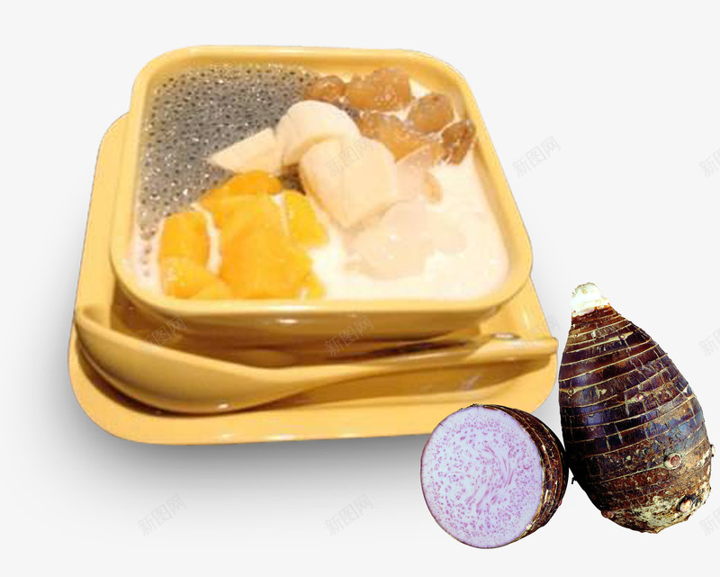 黄色碟子里的香芋芒果西米露png免抠素材_新图网 https://ixintu.com 水果 甜品 美味 芒果 蔬菜 西米露 香芋 香芋西米露 黄色碟子
