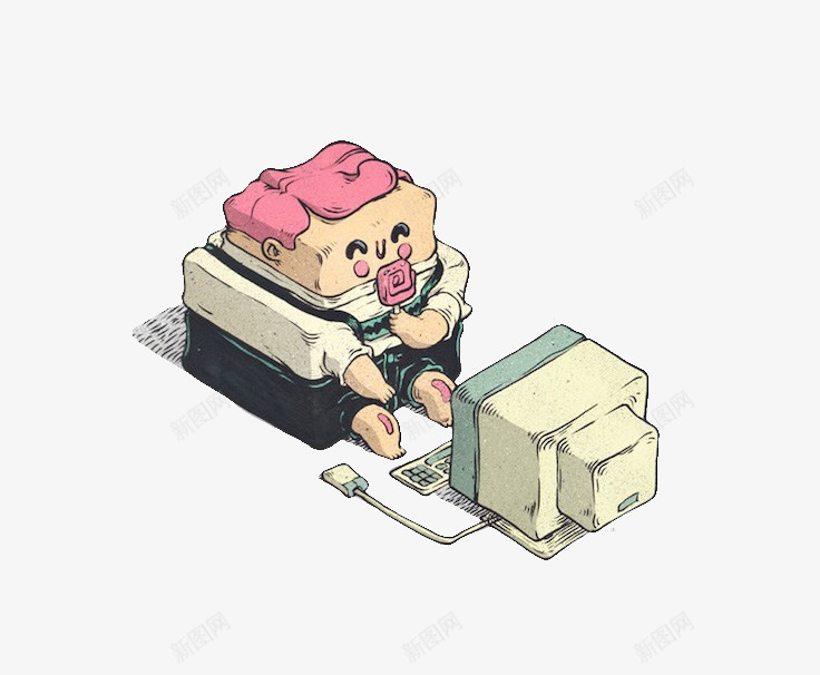 创意电脑png免抠素材_新图网 https://ixintu.com 卡通人 方格 沙发 电脑 盒子 箱子