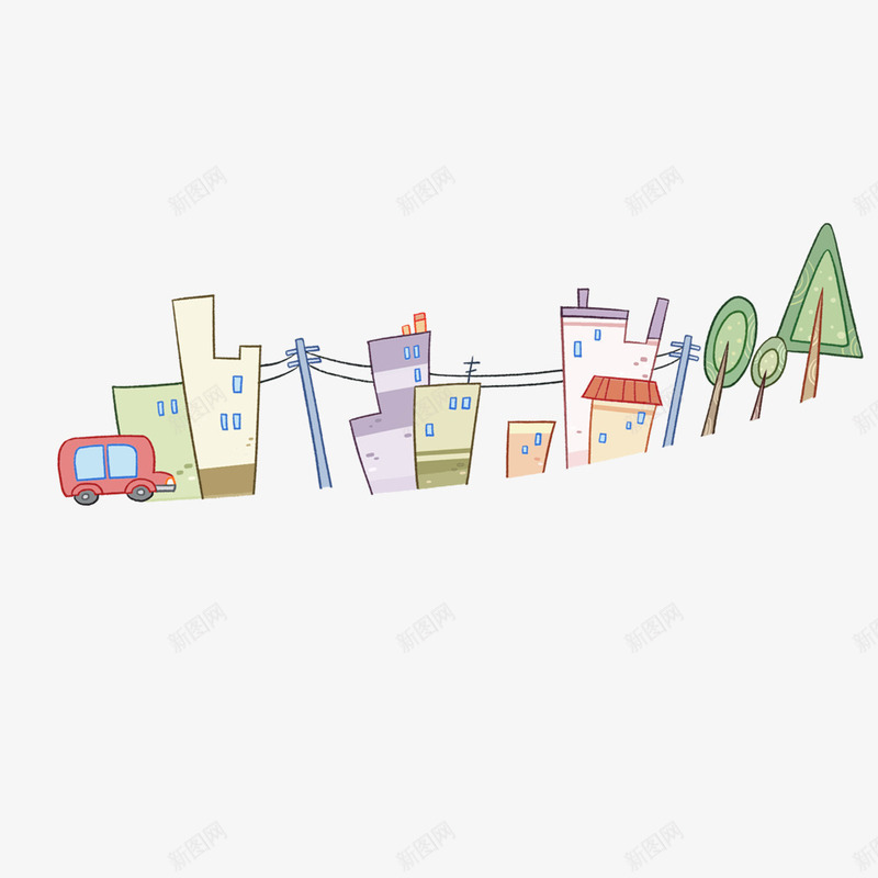 村庄简图png免抠素材_新图网 https://ixintu.com 卡通 小树 手绘 村庄 楼房 汽车 电线 电线杆