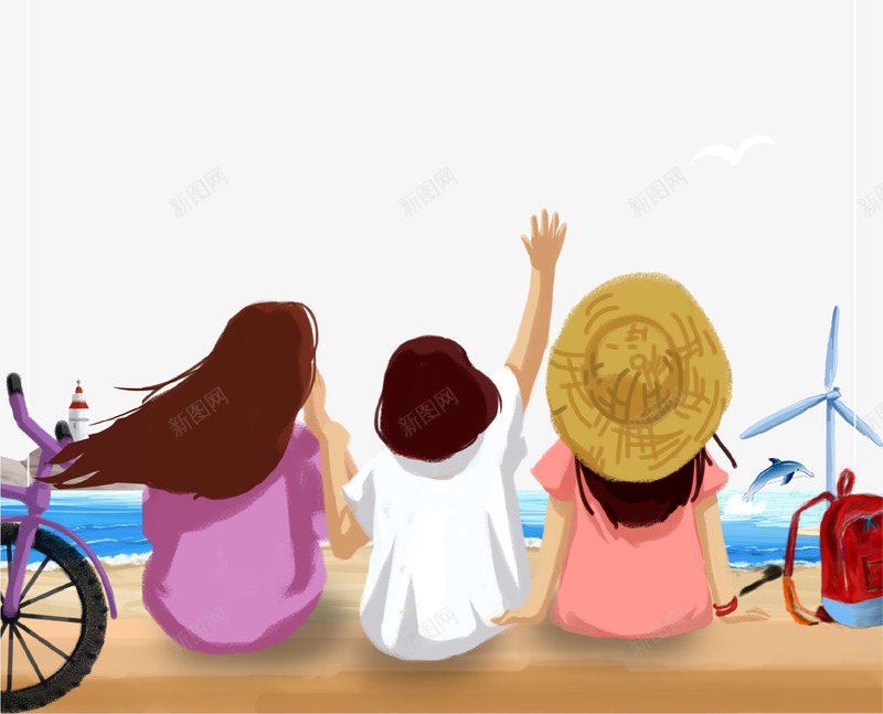 卡通手绘青春毕业旅行插画psd免抠素材_新图网 https://ixintu.com 卡通手绘 少女 插画 旅行 毕业季 海边 青春