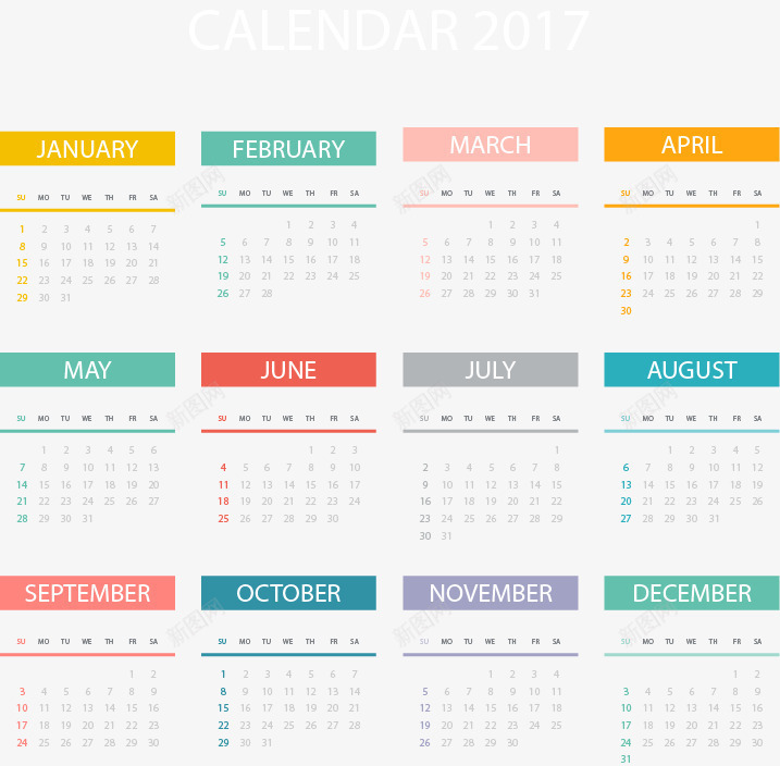 扁平彩色新年日历矢量图ai免抠素材_新图网 https://ixintu.com 2017年日历 免扣png素材 免费png素材 彩色题头 鸡年日历 矢量图