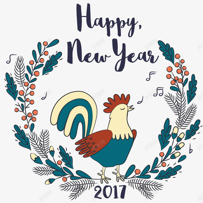 中国新年手绘花卉公鸡矢量图ai免抠素材_新图网 https://ixintu.com 公鸡 新年 花卉 音乐 矢量图