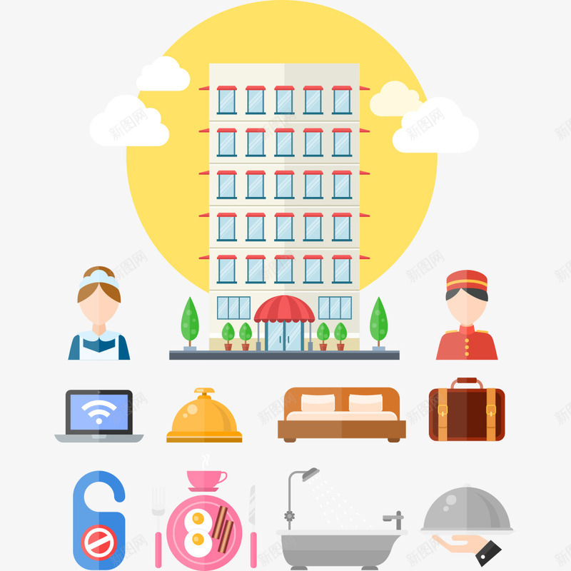 扁平化酒店元素图标矢量图ai_新图网 https://ixintu.com 服务 酒店 酒店图标 餐厅 矢量图