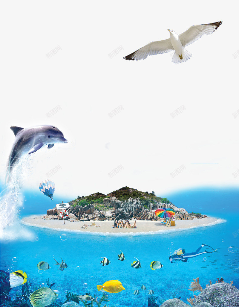 清新唯美海洋背景psd免抠素材_新图网 https://ixintu.com 插画 水花 水面 海岛 海岛小船 海报 海洋 鲸鱼 鸟