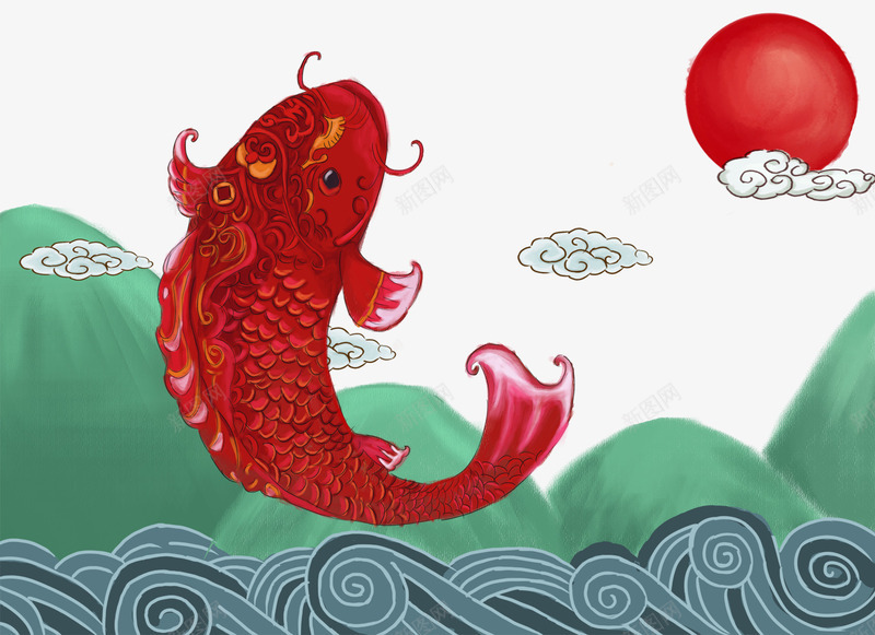 年年有余新春插画psd免抠素材_新图网 https://ixintu.com 卡通手绘 年年有余 插画 新年 新春 过年 鱼跃龙门