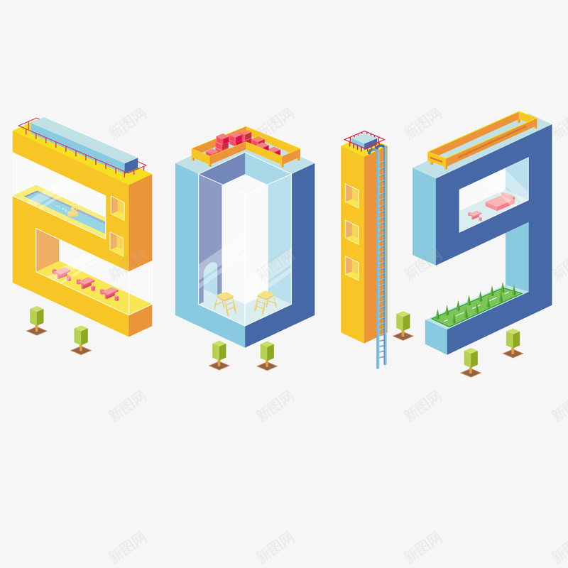 2019场景25D字体创意png免抠素材_新图网 https://ixintu.com 2019 25D 二0一九 免抠图 创意设计 场景 字体 新颖字 艺术字