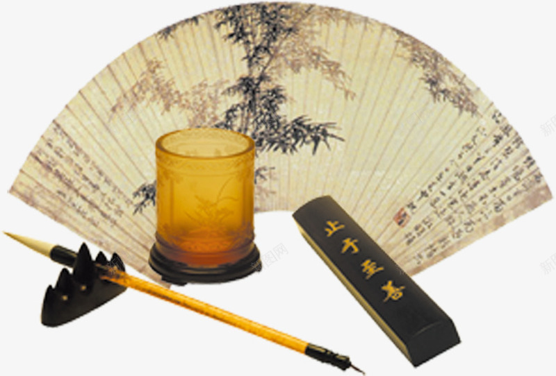 扇子毛笔图案png免抠素材_新图网 https://ixintu.com 中国风格 国画 扇子毛笔 笔台子