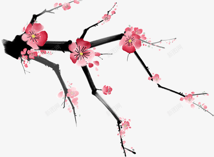 新年元素之水彩梅花png免抠素材_新图网 https://ixintu.com 中国画 中国风 傲骨 新年元素 树枝 梅花 梅花花枝 气节 水墨 花朵